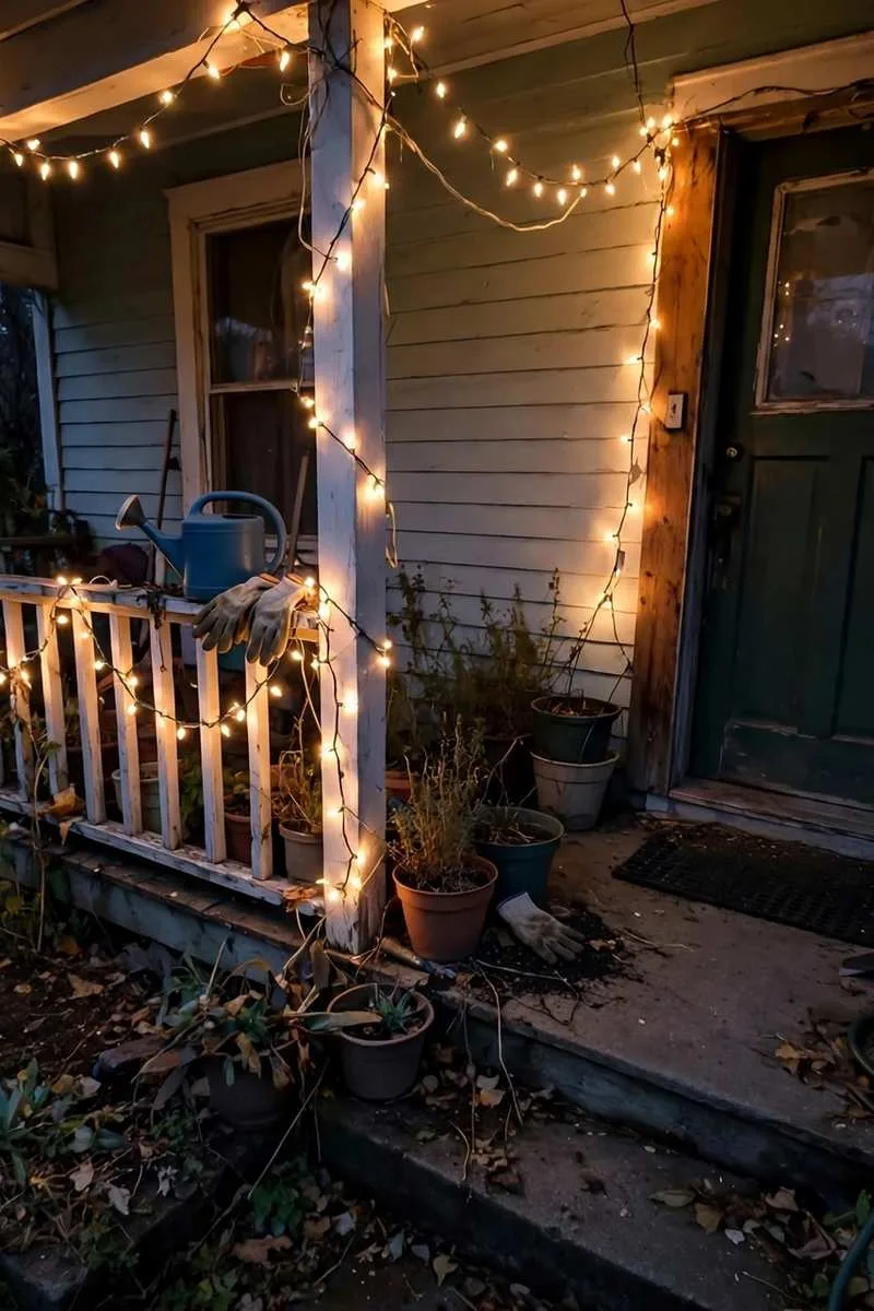 Warm white string lights on a porch roof, door frame and railing at dusk