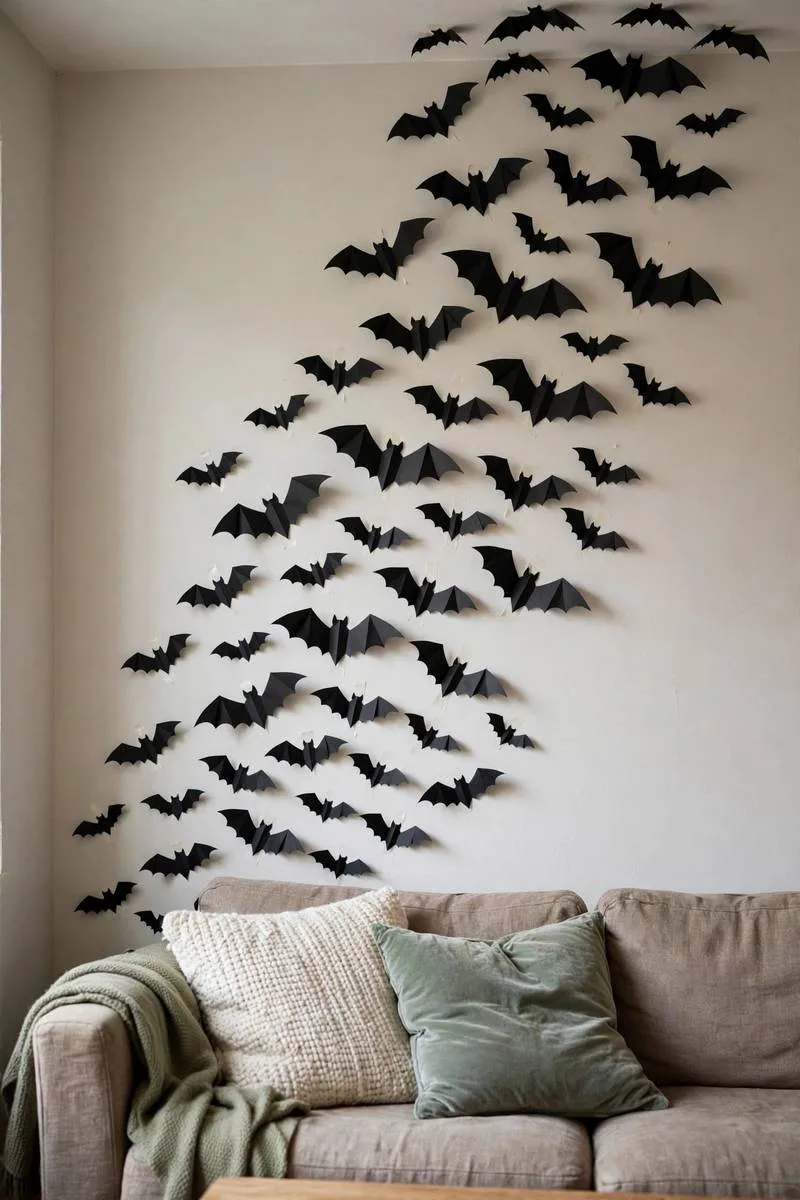Black paper bats flying up a wall above a sofa in a small living room