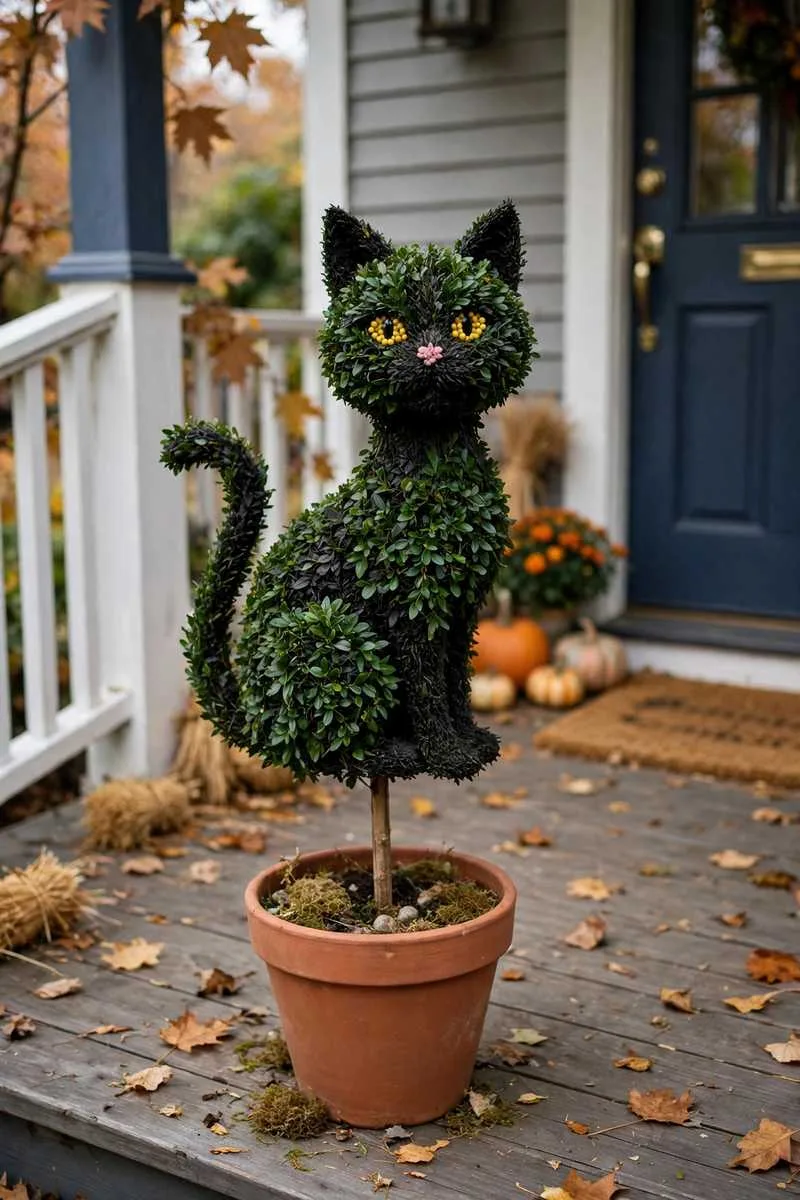 Black cat topiary with yellow eyes and pink nose in a terracotta pot