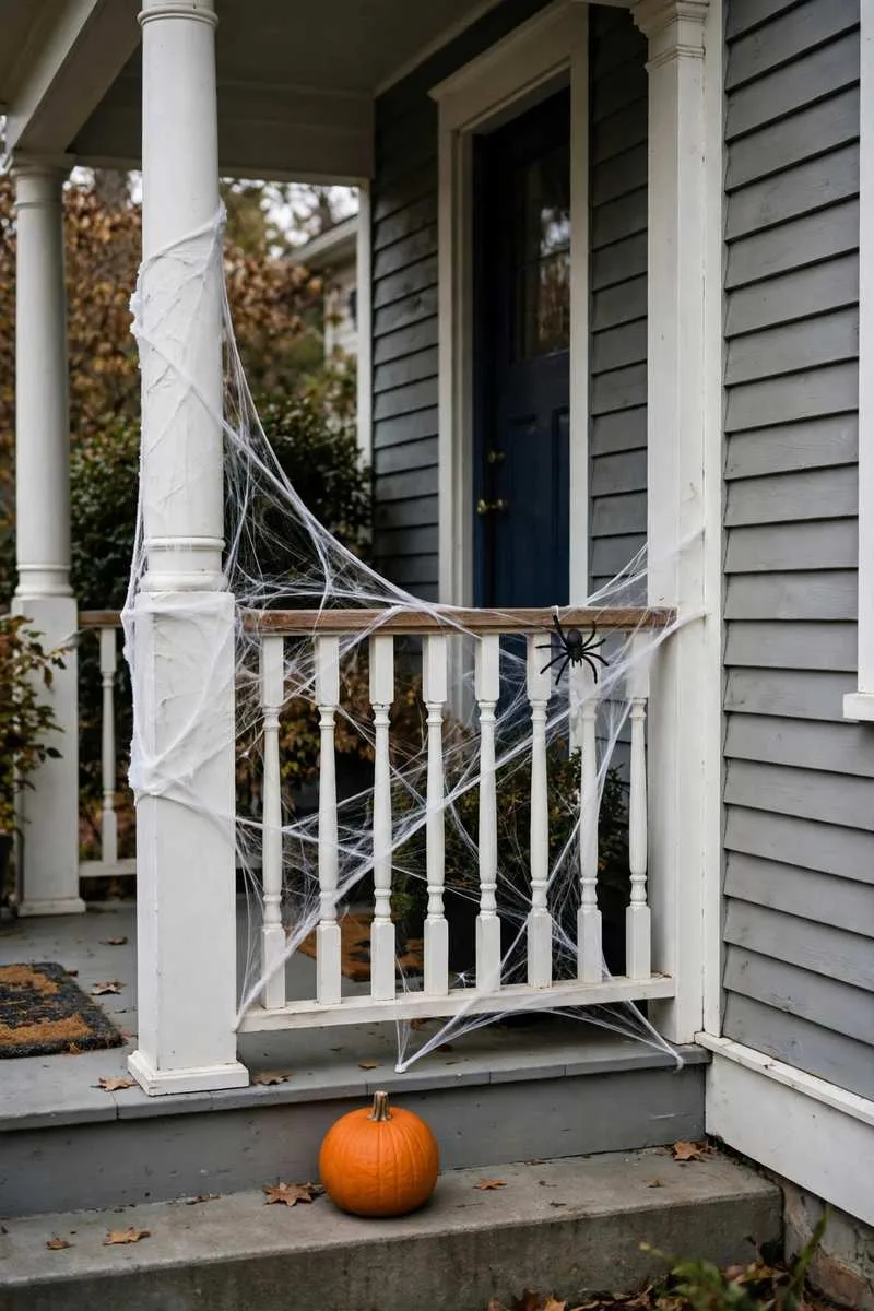 Giant spider web stretched across a Halloween porch with a large black spider in the centre
