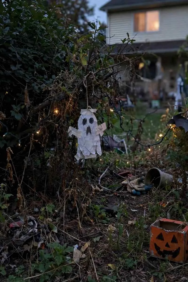 Glowing eyes hidden in garden bushes at dusk