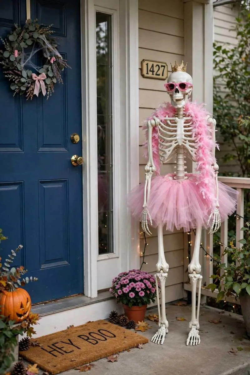 Plastic skeleton in a pink tutu, feather boa, crown and pink sunglasses by a front door