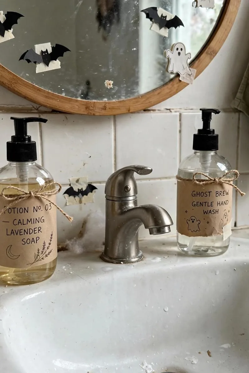 Bathroom sink with potion bottle soap dispensers with paper labels