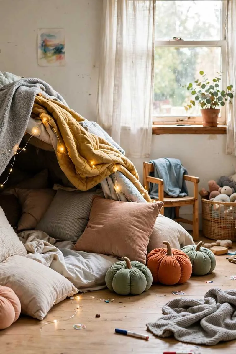 Pillow fort with blankets, cushions, soft fabric pumpkins and warm fairy lights in a kids room