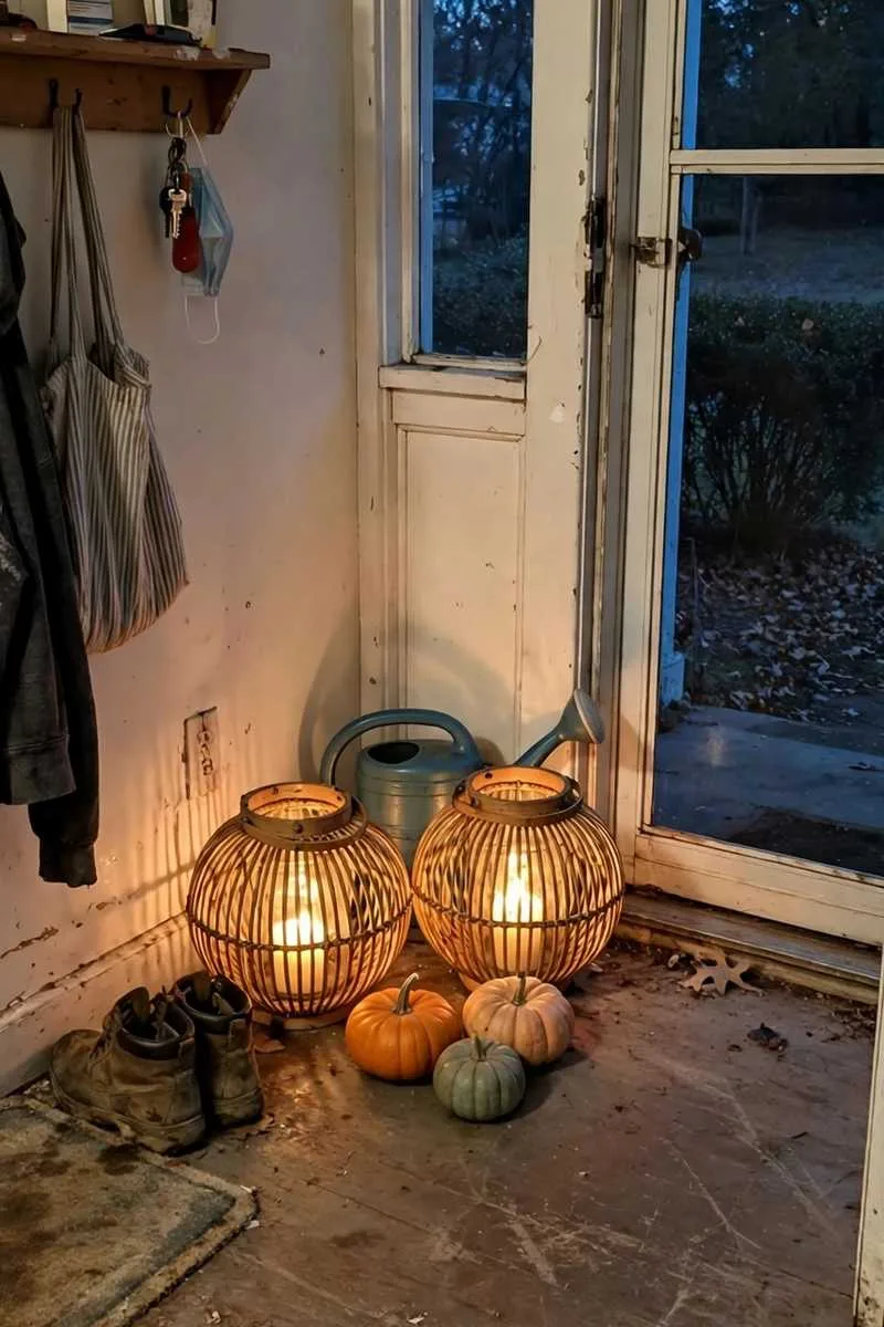 Round rattan lanterns glowing with candles and small pumpkins beside them