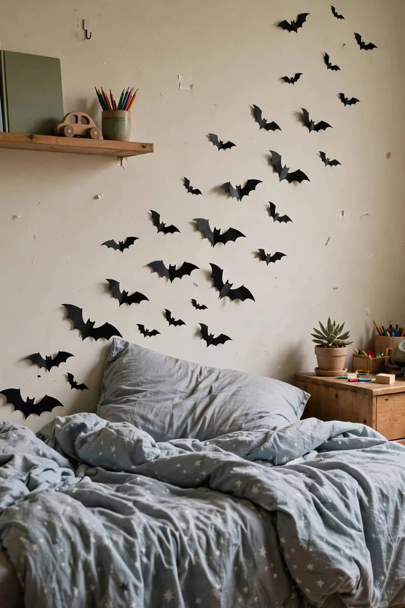 Black bat wall decals flying up a kids bedroom wall from the bed