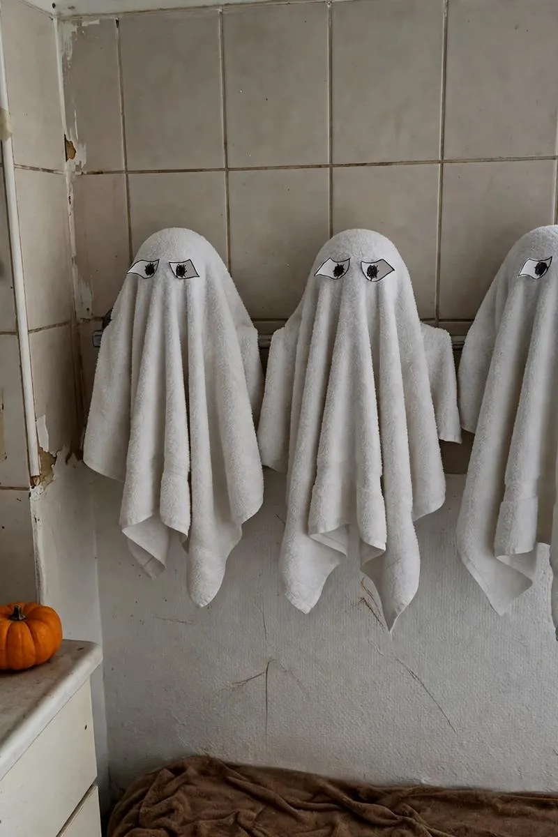 White towels folded like ghosts with paper eyes on a towel rail