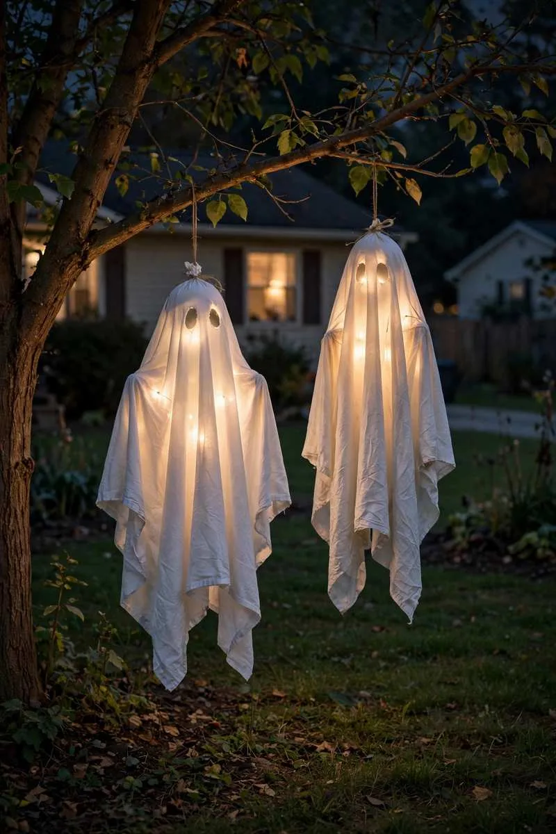Glowing white sheet ghosts floating from tree branches in a Halloween yard at night