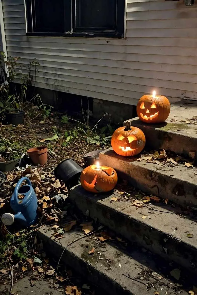 Carved jack-o'-lanterns with lights on porch steps at night