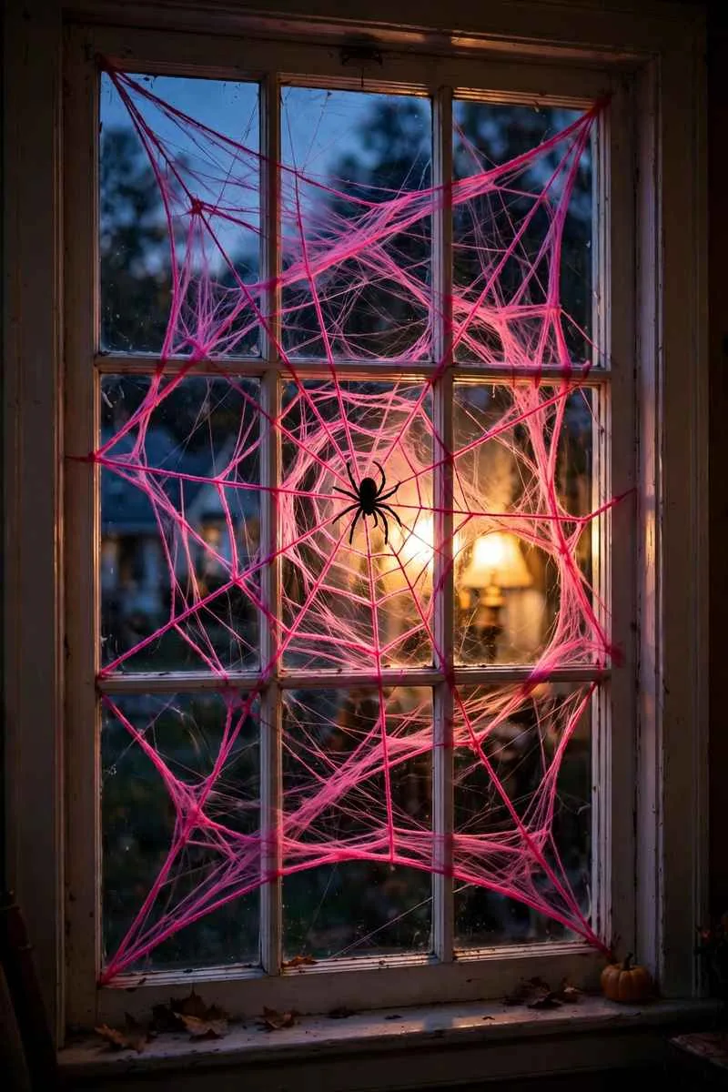 Magenta spider webbing across a window with a black spider in the centre