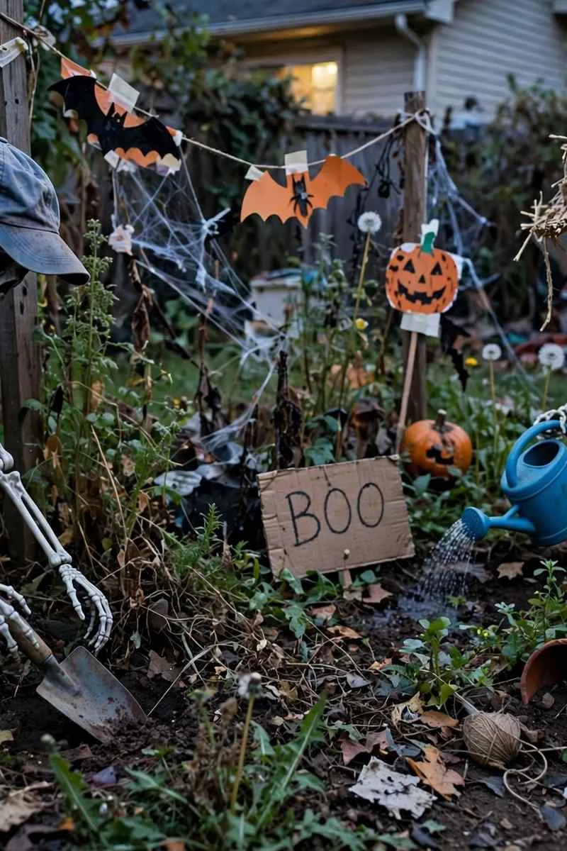 Plastic skeletons posed as gardeners in a garden