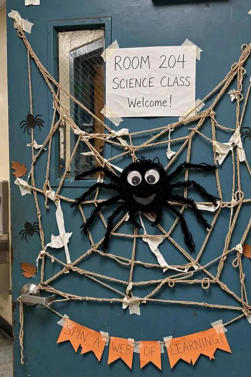 Spider web classroom door with a friendly spider in the middle