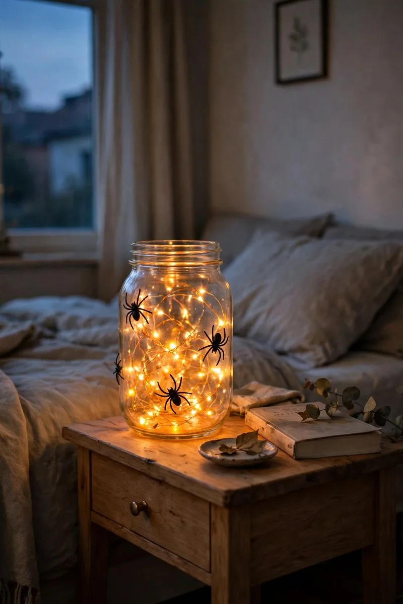 Glass jar with warm fairy lights and small plastic spiders on a bedside table