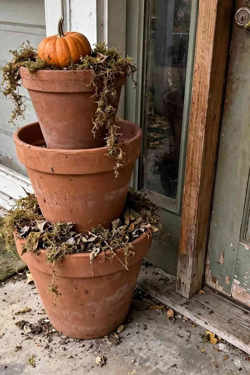 Stack of three terracotta pots by a front door topped with a mini pumpkin