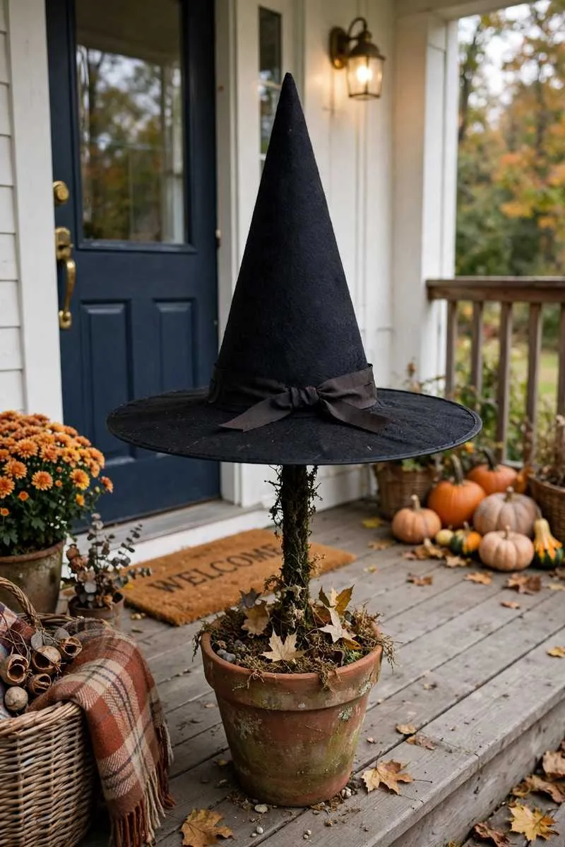 Witch hat cone topiary with wide brim and ribbon band in a pot