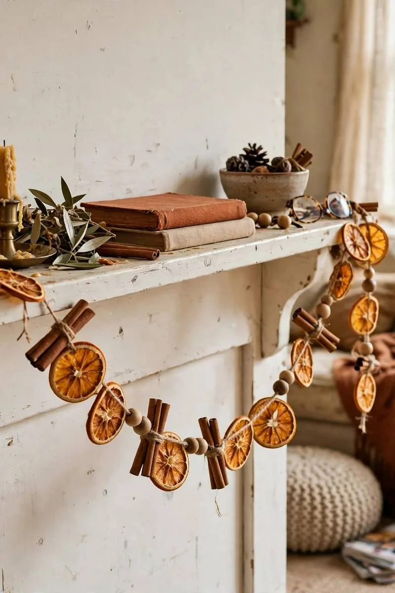 Dried orange slices, cinnamon sticks and wooden beads on twine garland across a mantel