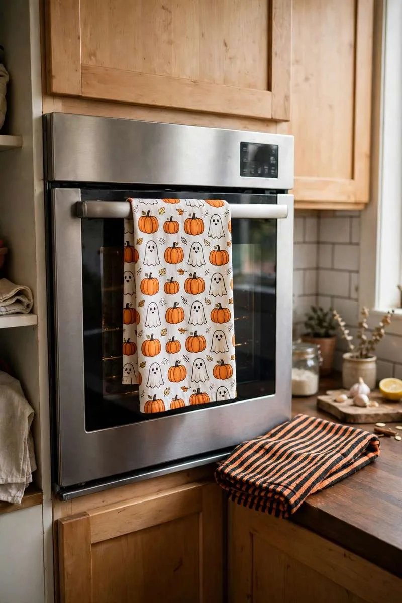 Halloween tea towel with pumpkins and ghosts hanging on an oven handle