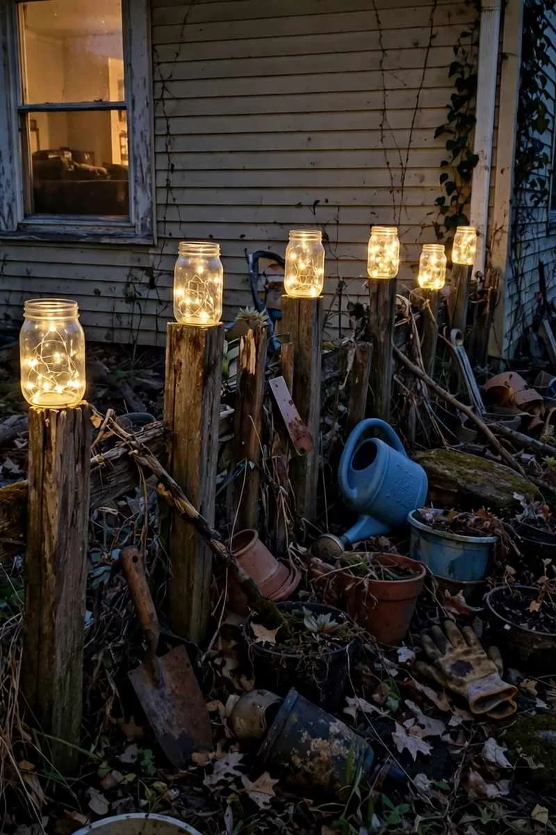 Mason jars with fairy lights on fence posts in a front garden at dusk