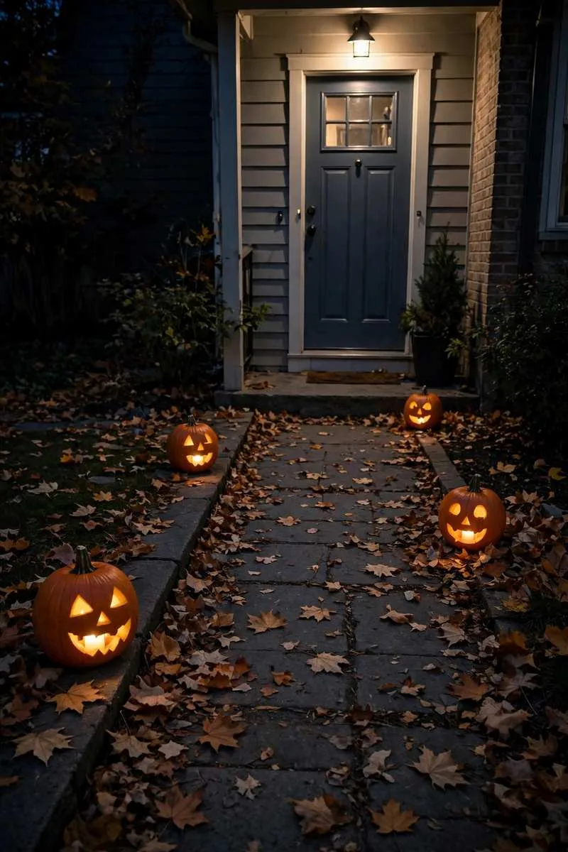 Pumpkin pathway lanterns with carved faces glowing along a Halloween walkway