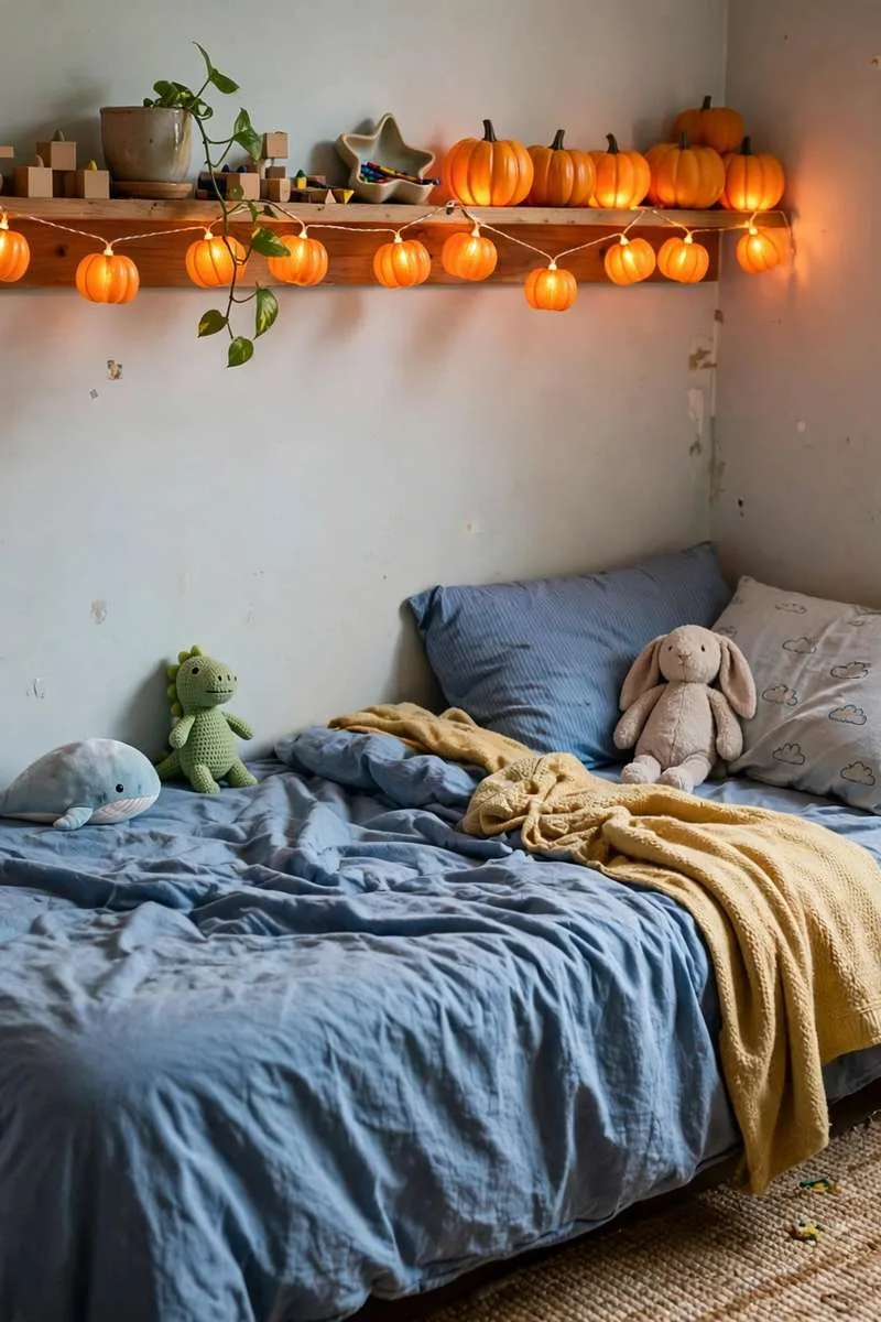 Pumpkin-shaped string lights glowing warm orange along a kids bedroom shelf