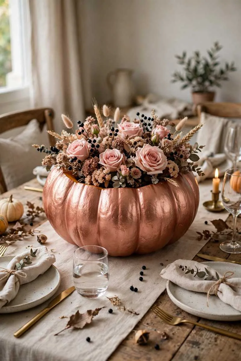 Rose gold pumpkin centrepiece filled with pink roses, dried flowers and black berries