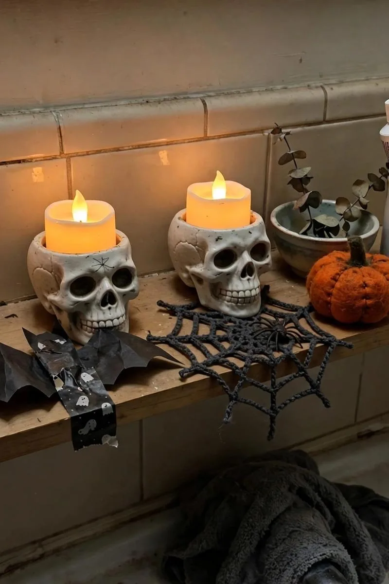 Skull candle holders with battery candles glowing on a bathroom shelf