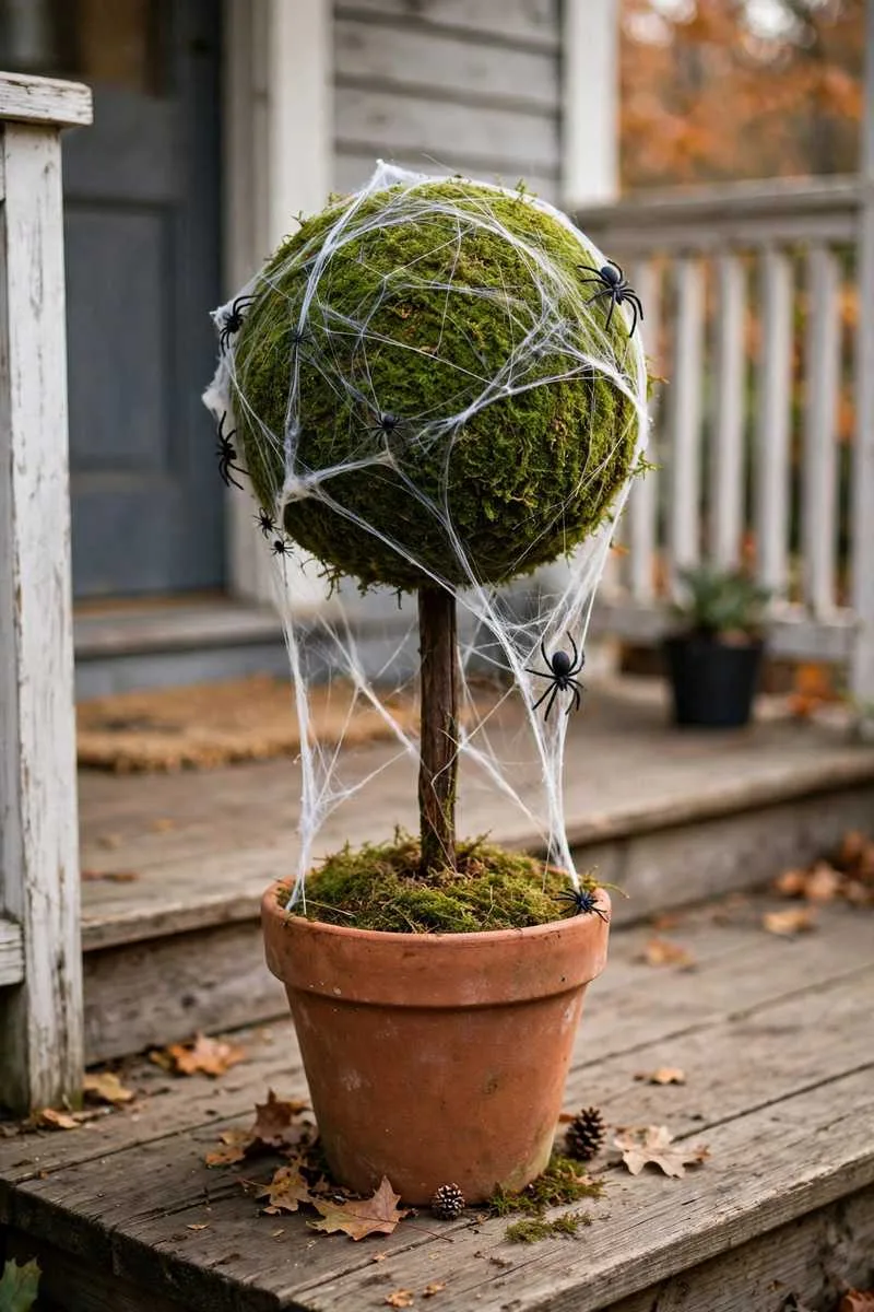 Spider web moss topiary ball with fake web and small spiders in a pot