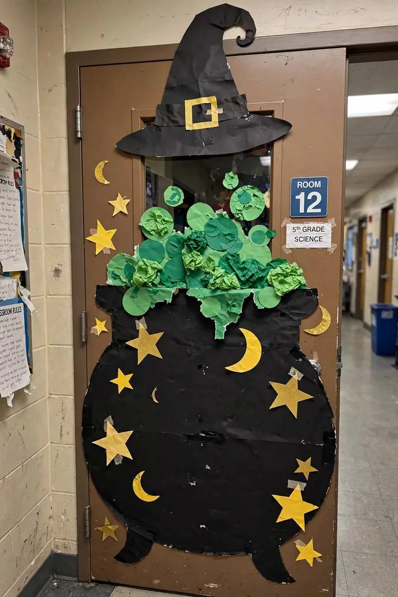 Witch's cauldron classroom door with green bubbling paper