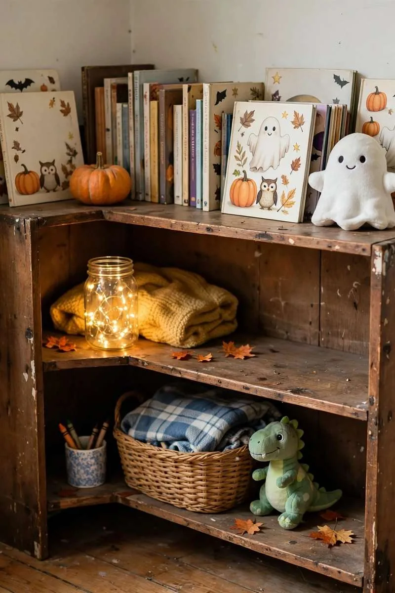 Kids bookshelf corner with Halloween picture books, a small pumpkin, a friendly ghost toy and a fairy light jar