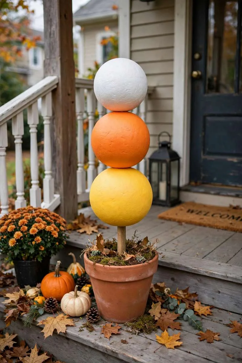Candy corn tiered topiary with white, orange and yellow balls in a pot