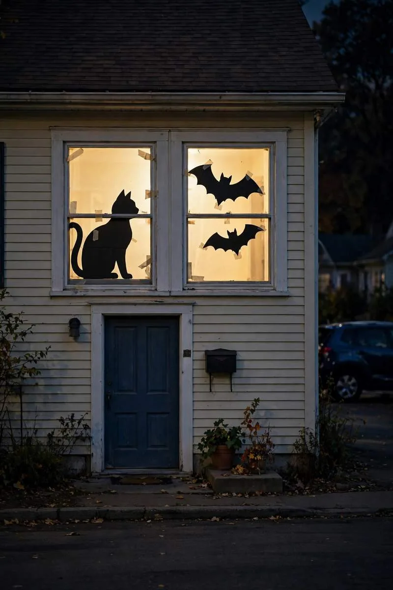 Creepy black silhouettes of witches and bats in lit Halloween house windows