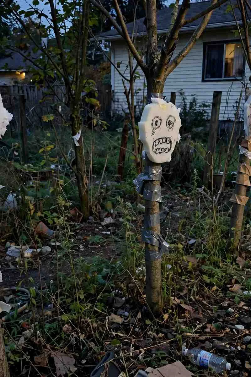 Spooky foam faces attached to garden trees
