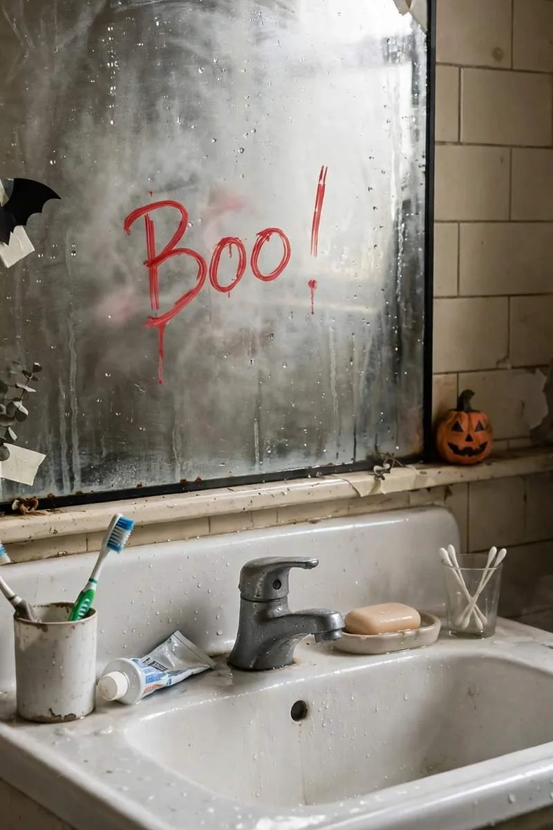 Bathroom mirror with a spooky message written in washable red marker