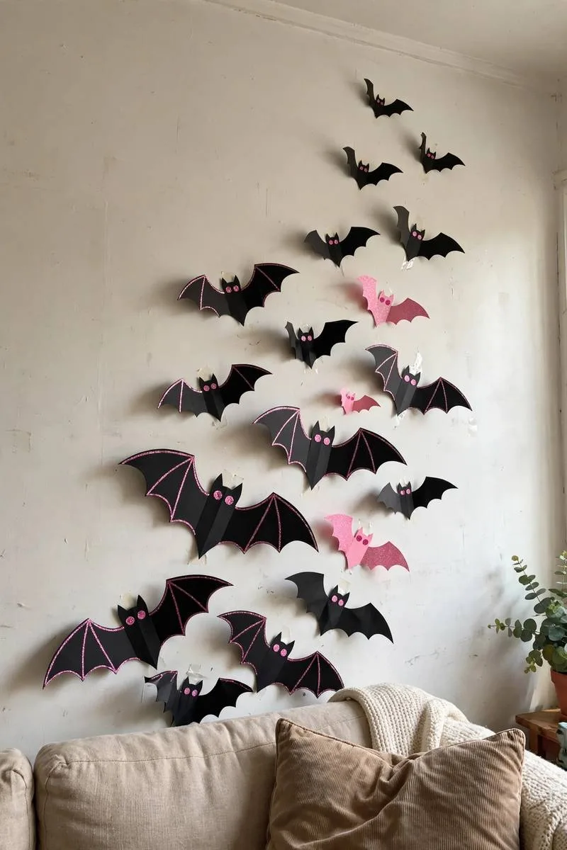 Black card bats with pink glitter outlines and pink eyes flying up a wall