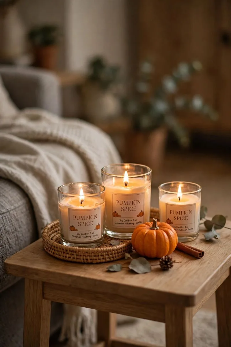 Pumpkin spice candles on a tray with a mini pumpkin and cinnamon stick