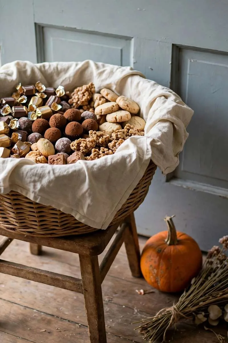 Large woven basket lined with cream linen cloth filled with sweets by a front door