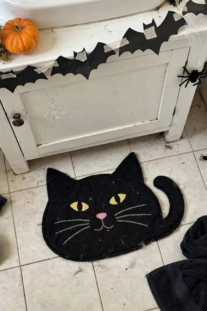 Black cat shaped bath mat in a bathroom with black towels