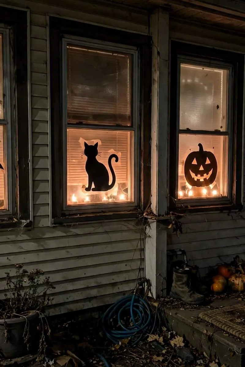Candlelit bat, cat and pumpkin silhouettes glowing in house windows at night