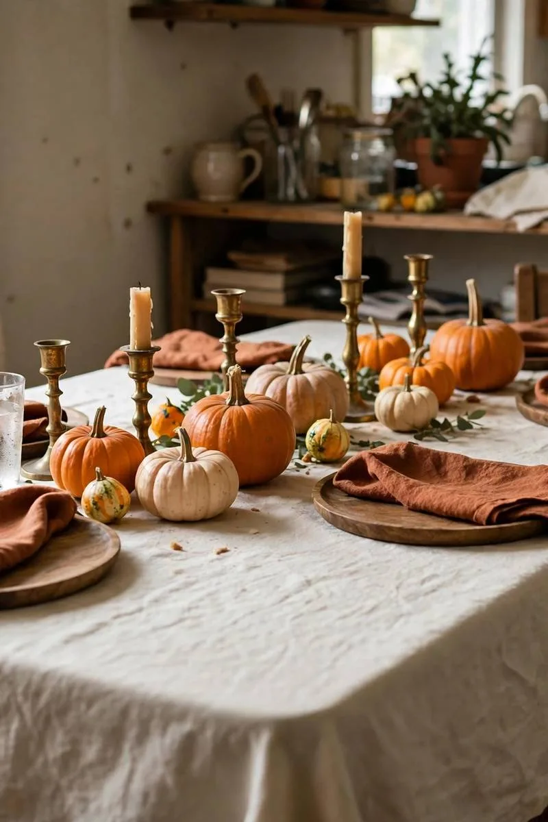 Cream linen tablecloth with rust napkins, wooden chargers and small pumpkins down the centre
