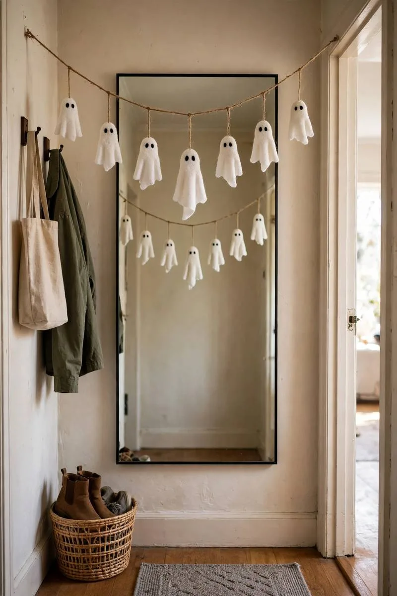 White felt ghost garland hanging across a mirror in a hallway