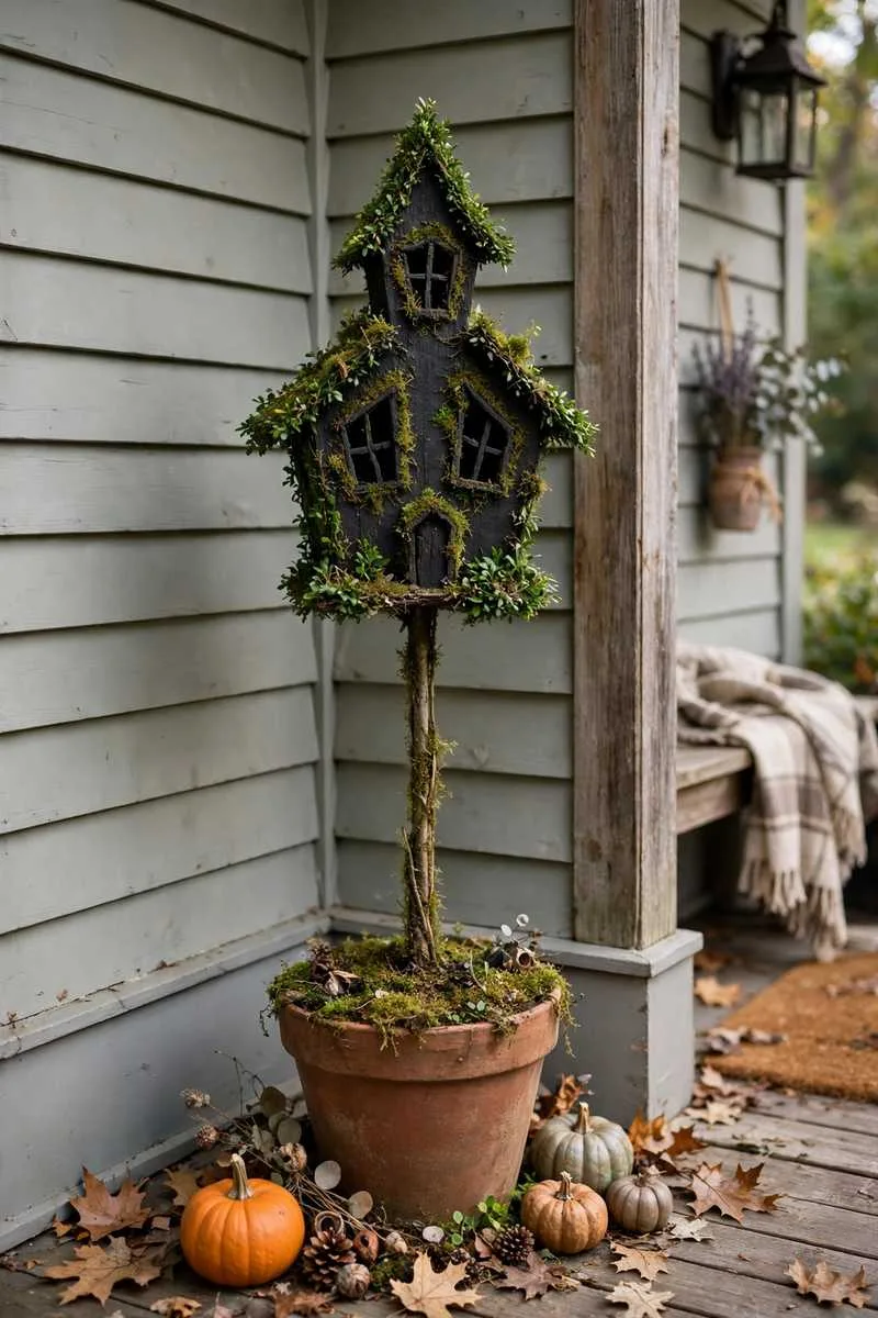 Haunted house topiary on a tall stem in a terracotta pot