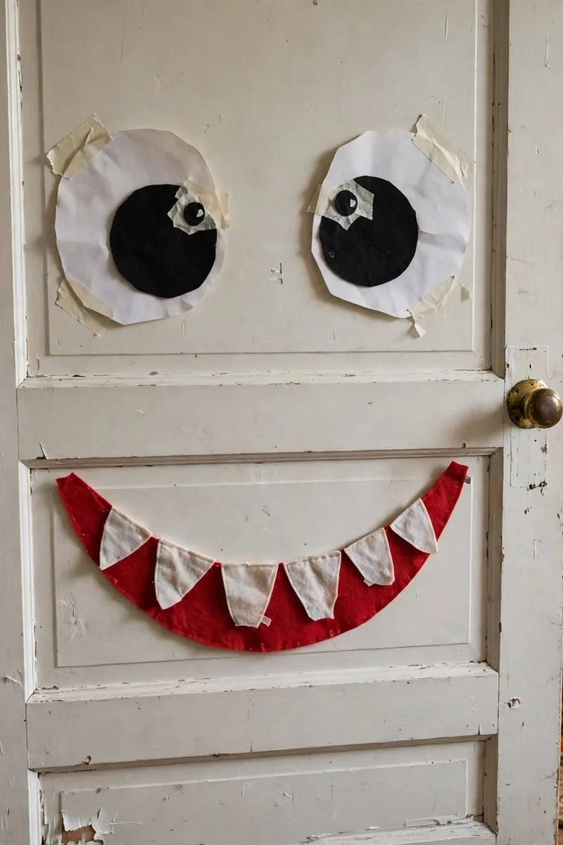 Kids bedroom door decorated as a friendly smiling monster with big paper eyes and felt teeth
