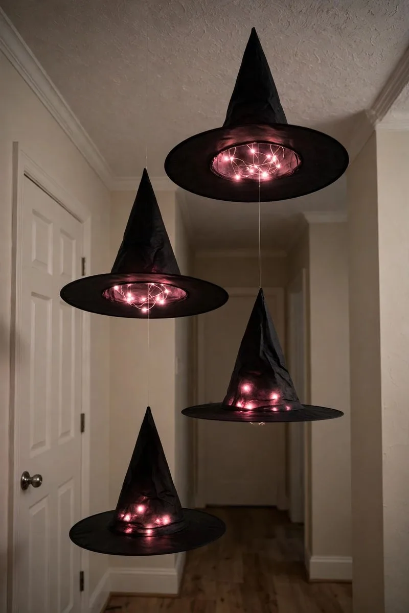 Witch hats hanging from a ceiling with pink fairy lights glowing inside