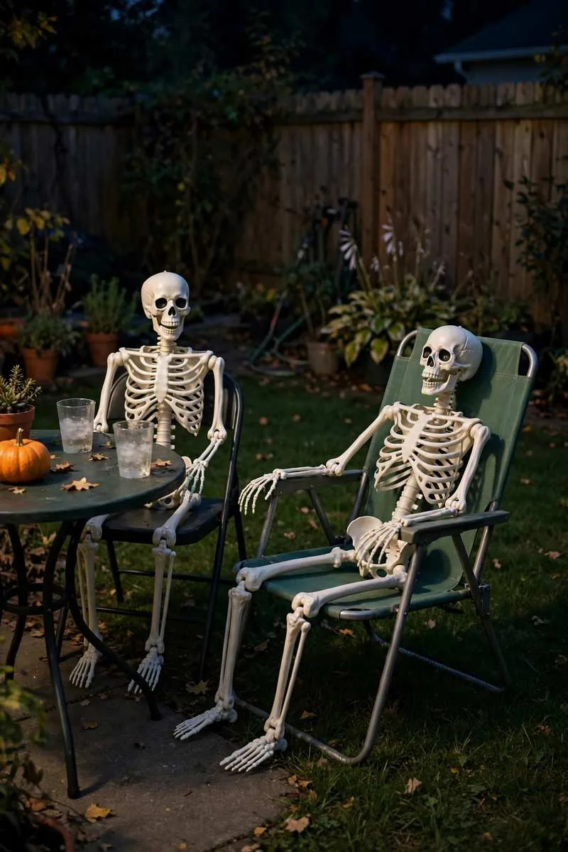 Skeletons having a garden party at a table in a Halloween yard