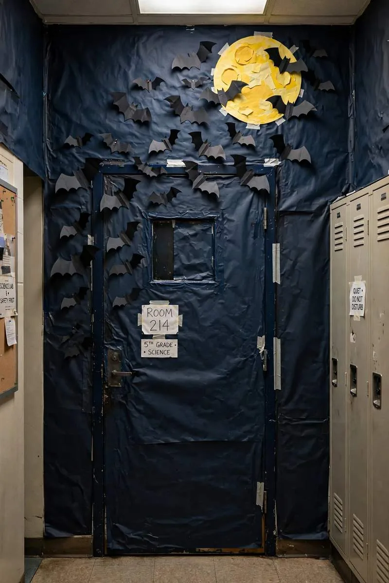 Bat cave classroom door covered in paper bats with a yellow moon