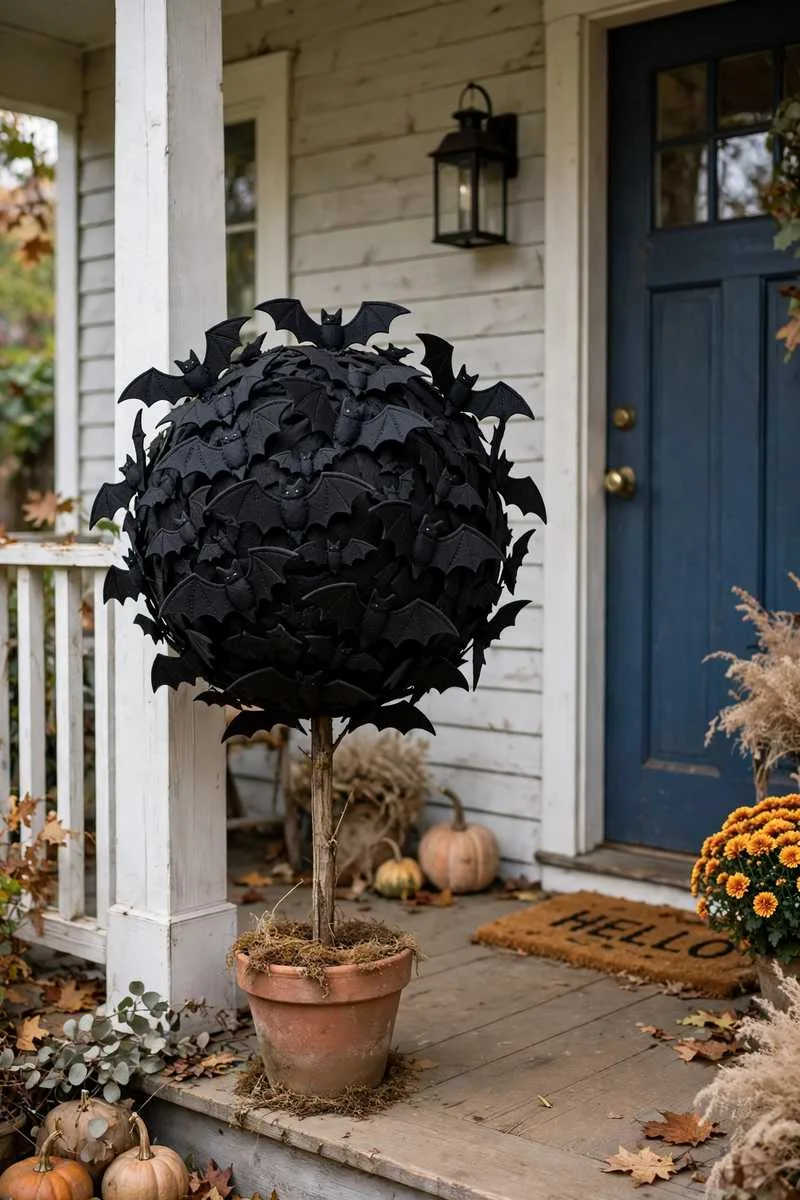 Bat swarm topiary ball covered in black felt bats in a pot