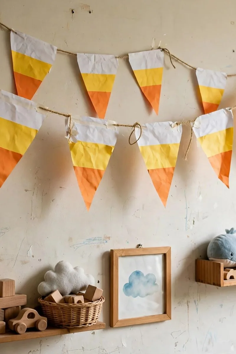 Paper triangles in white, orange and yellow like candy corn, strung as bunting in a kids bedroom