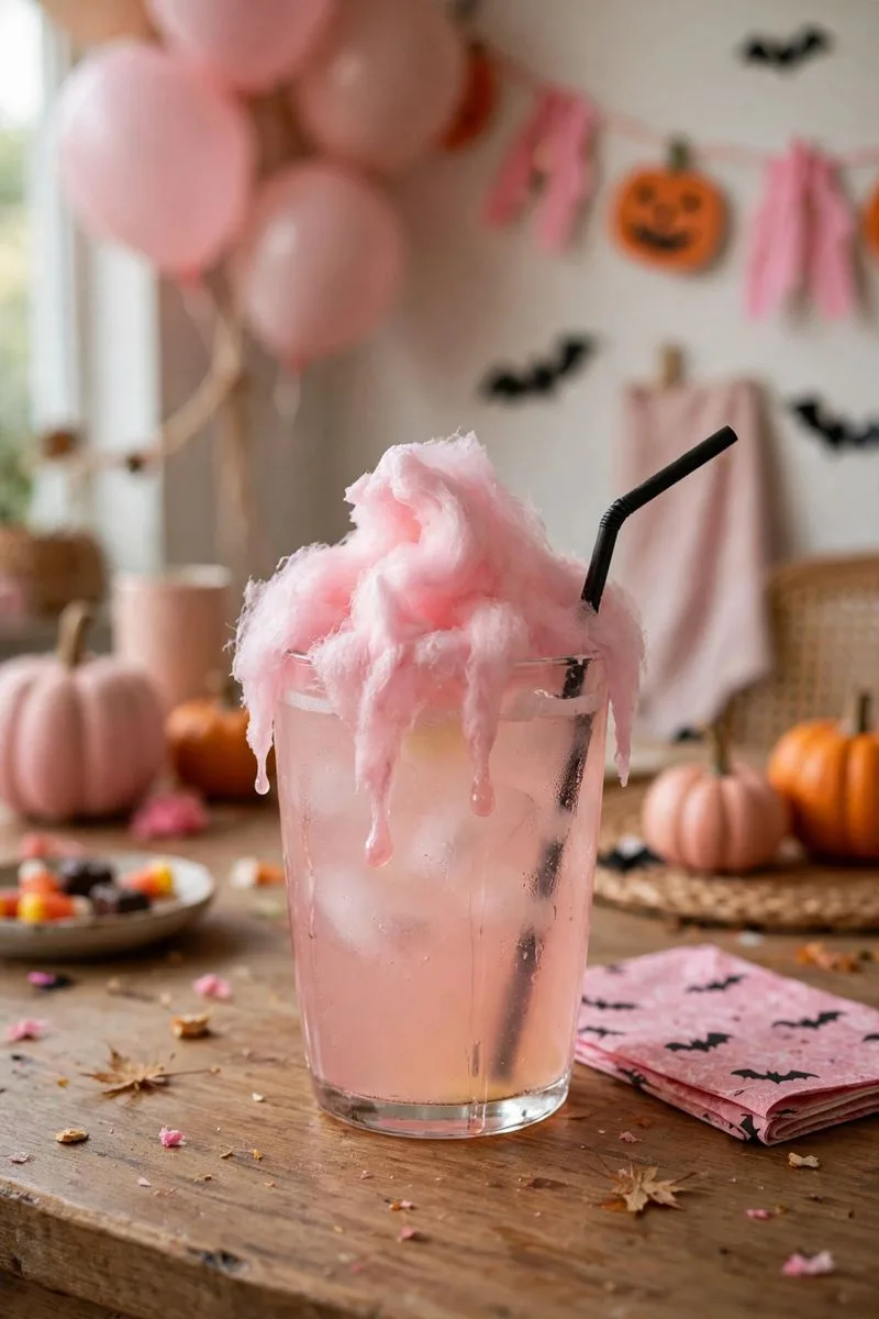 Pink lemonade drink topped with pink cotton candy and a black straw