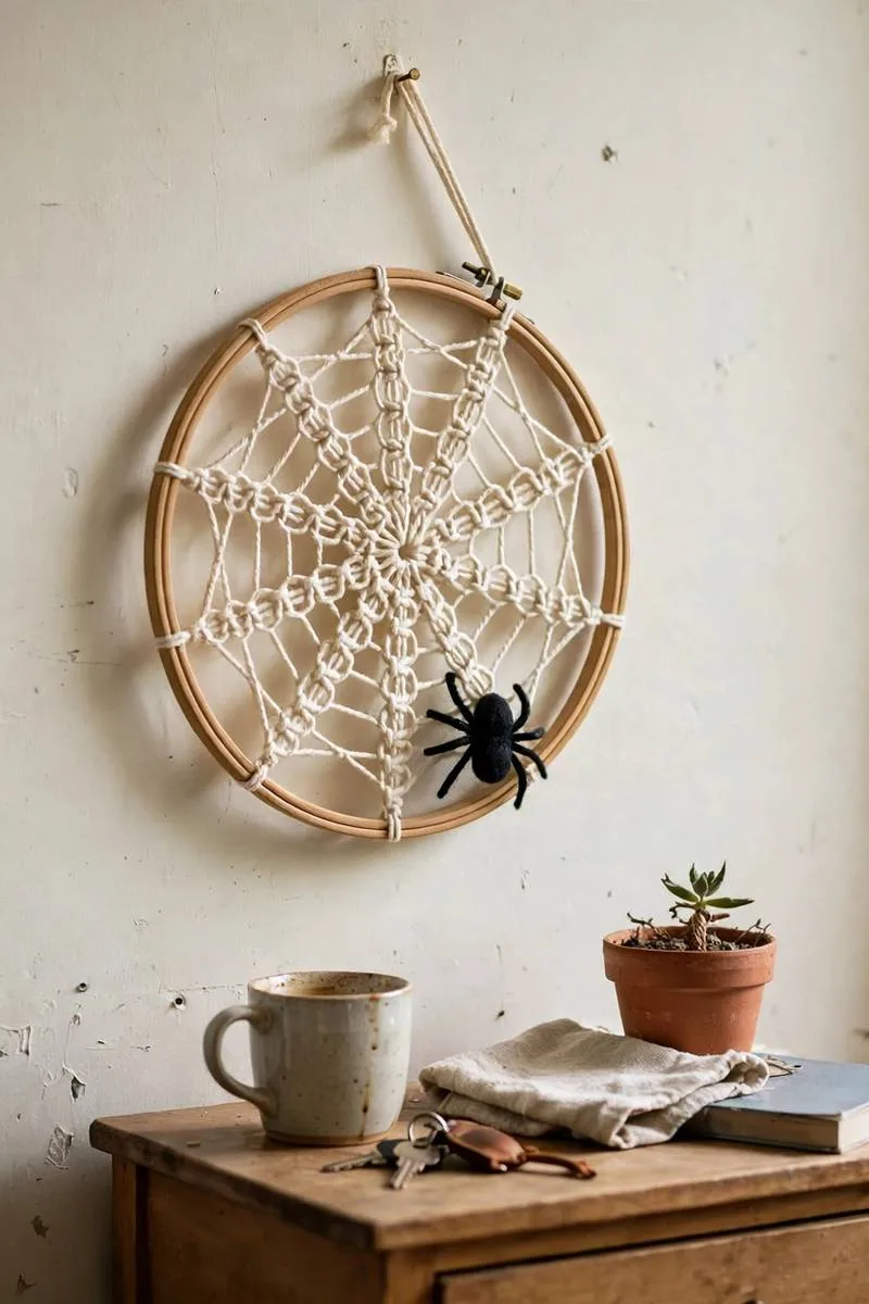 Cream macrame spider web inside a wooden hoop on a wall with a small black felt spider