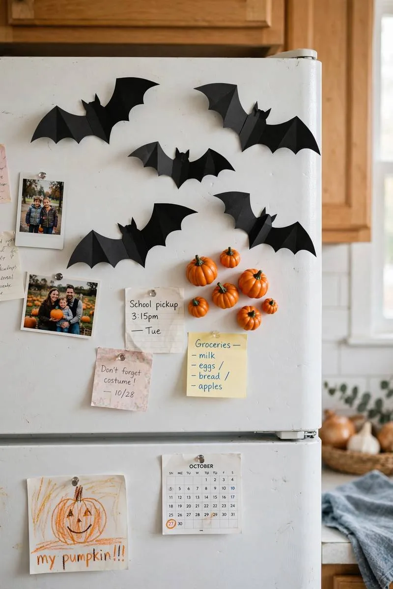 Black bat magnets and small pumpkin magnets on a fridge door
